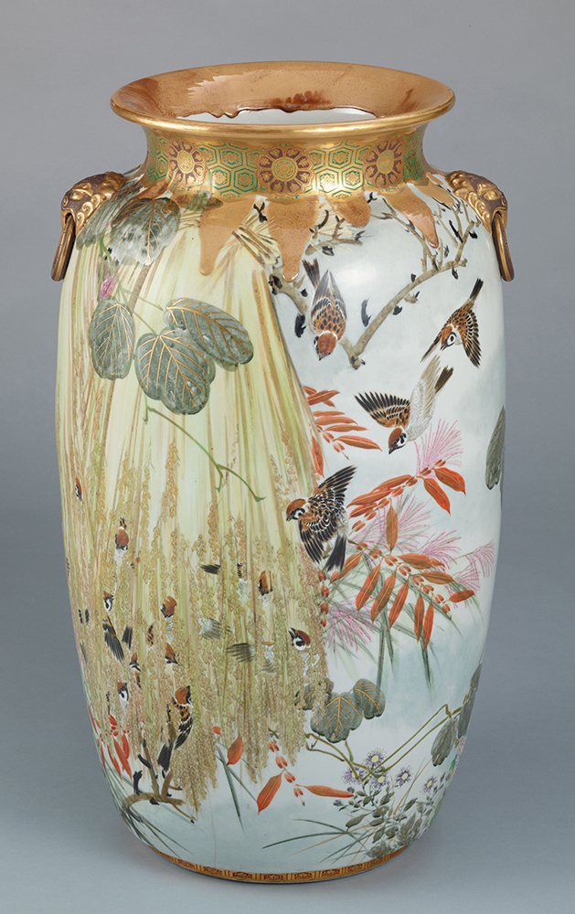 Vase with Crows, Sparrows, and Rice Plants (one of a pair) Namikawa Sosuke; painting by Izumi Baiitsu. Meiji era, 1881