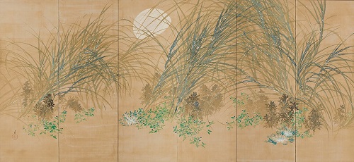 Morning Dew (left screen from a pair). By Hirafuku Hyakusui. Taisho era, 1915.
