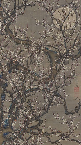 “Plum Blossoms and Moon” from Colorful Realm of Living Beings. By Ito Jakuchu. Edo period, 18th century. (National Treasure)"