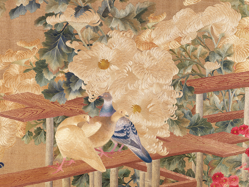 Chrysanthemums and Doves (detail). By Iida Shinshichi IV. Meiji era, 1911.