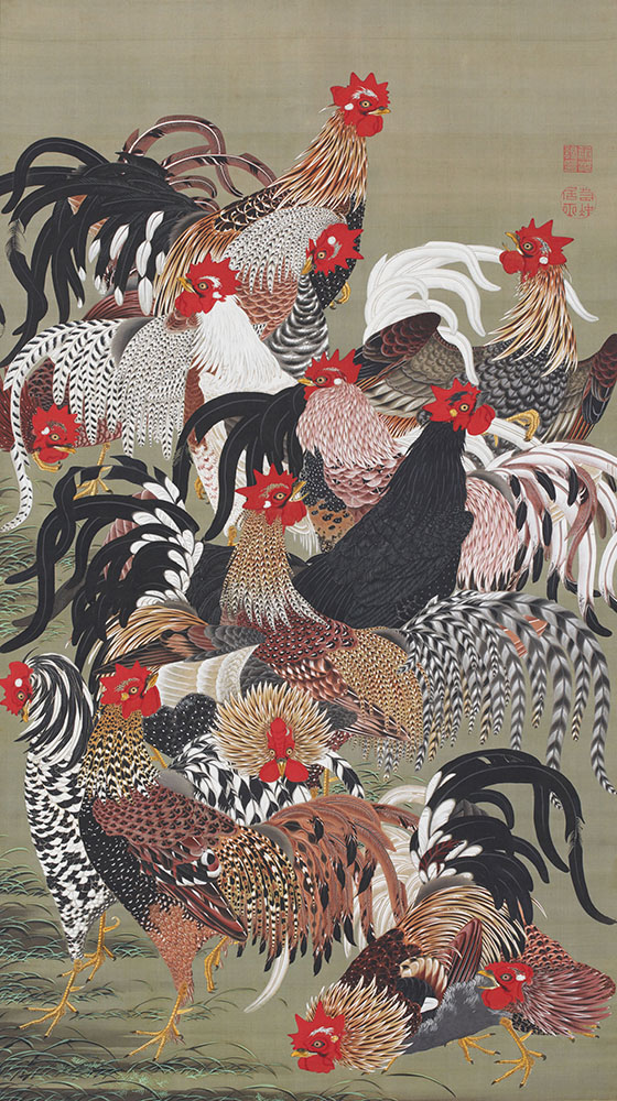 국보 〈동식채회 중 ‘닭 무리’〉, 이토 자쿠추, 에도시대, 1761～1765년.　고쿄 산노마루쇼조칸 수장　【전 기간 전시】