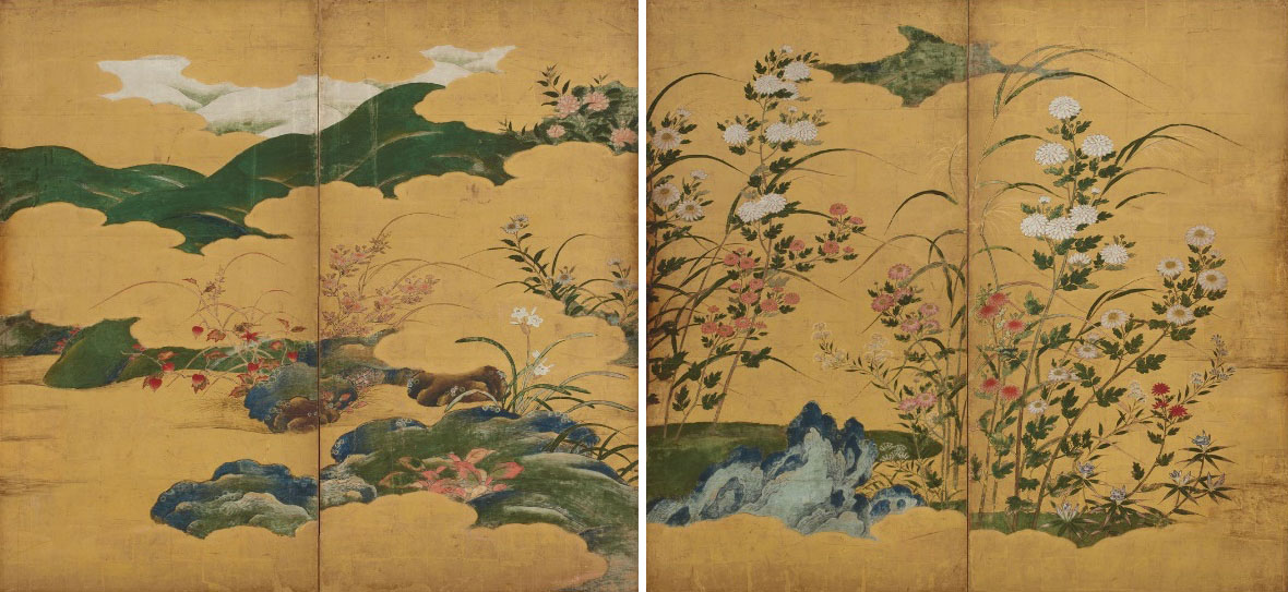 《四季草花図屏風》　伝 狩野永徳の画像