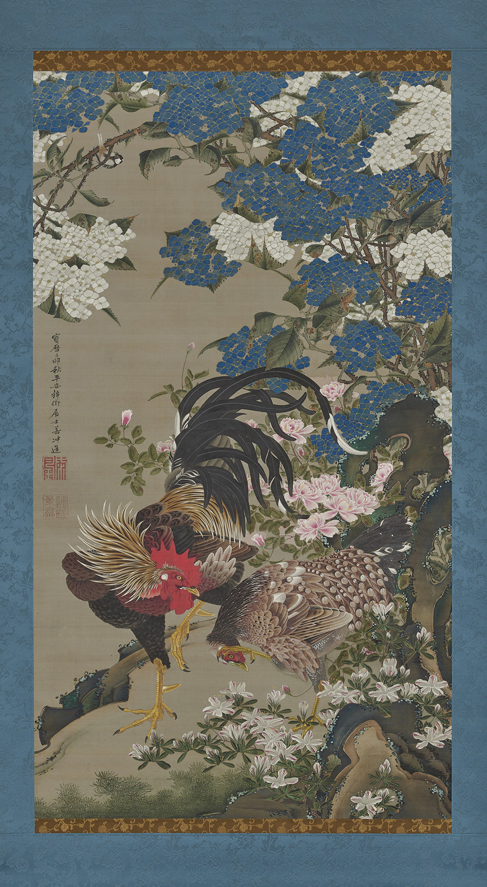 【高精細複製品】 《動植綵絵のうち紫陽花双鶏図》　制作：キヤノン株式会社(2026年) ［展示期間：5/2～5/17］　皇居三の丸尚蔵館収蔵
