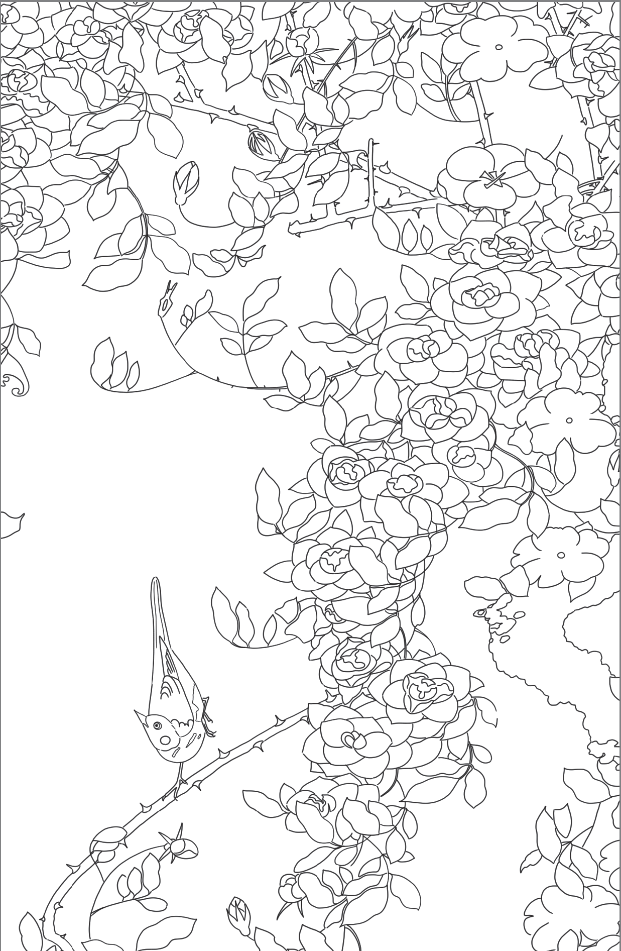 動植綵絵薔薇小禽図のぬりえの画像