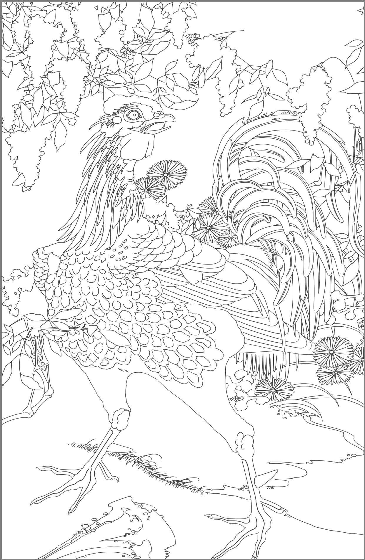 動植綵絵南天雄鶏図のぬりえの画像