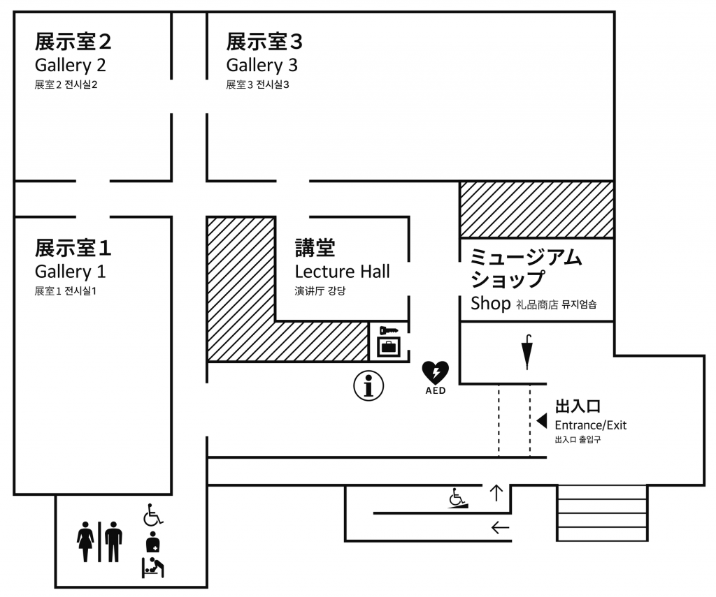 皇居三の丸尚蔵館 1階の館内マップ。展示室1・2・3、講堂、ミュージアムショップ、トイレ、多目的トイレ、インフォメーション、ロッカー、AED、出入口とスロープの位置を示した平面図。